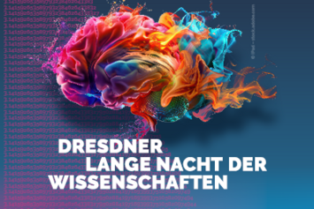 LNdW 2026 Bunte Ansammlung von Farbe und Strukturen zu einer Form eines menschlichen gehirns. Darunter der Schriftzug: Dresdner Lange Nacht der Wissenschaften.