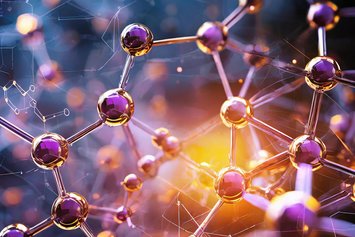 Doctoral Network EIFFEL Chemische Strukturen futuristisch in orange- und lilafarbenen Lichteffekten schwebend im Raum.
